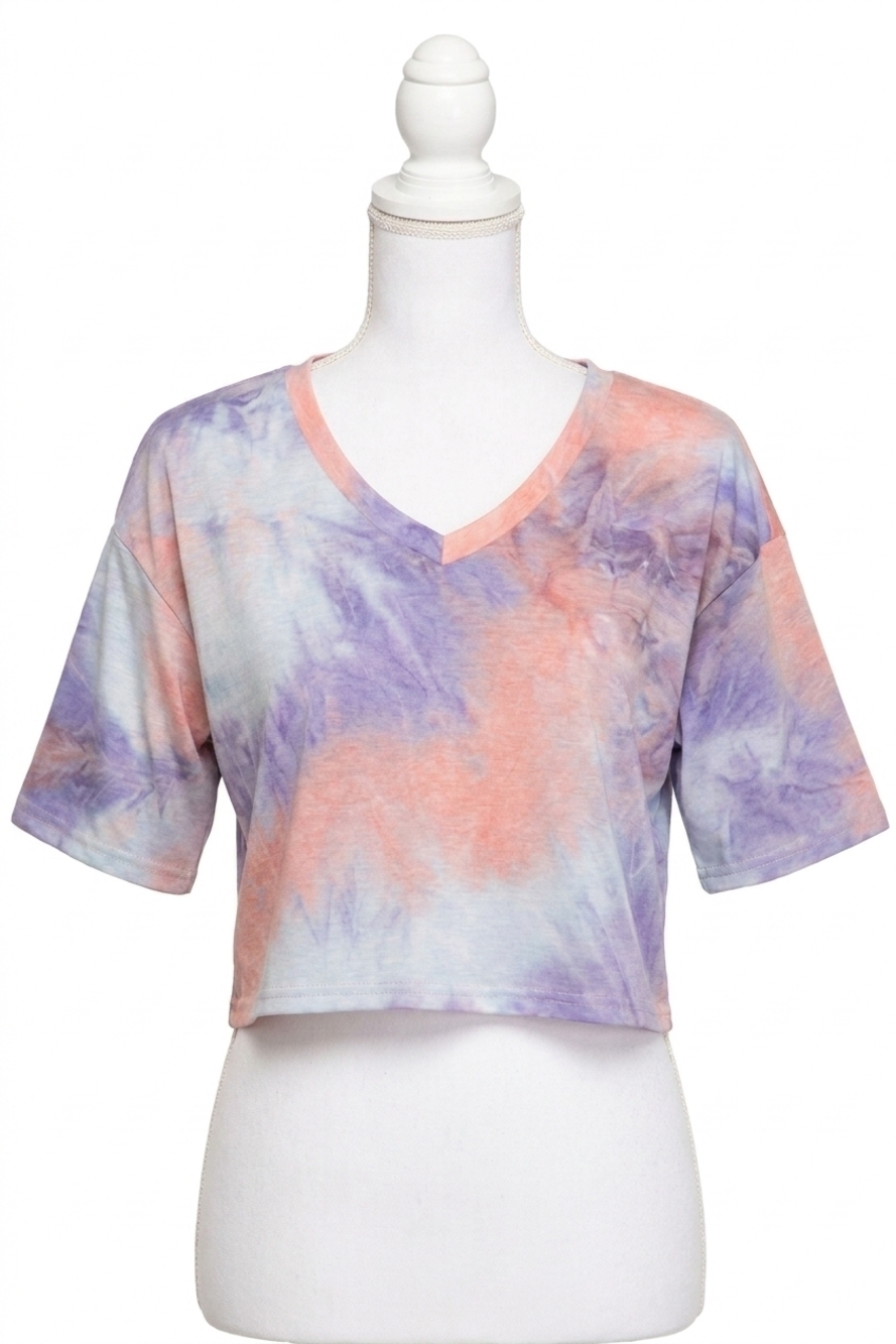 NEW SHE + SKY v-neck tie dyed terry crop top in peach purple